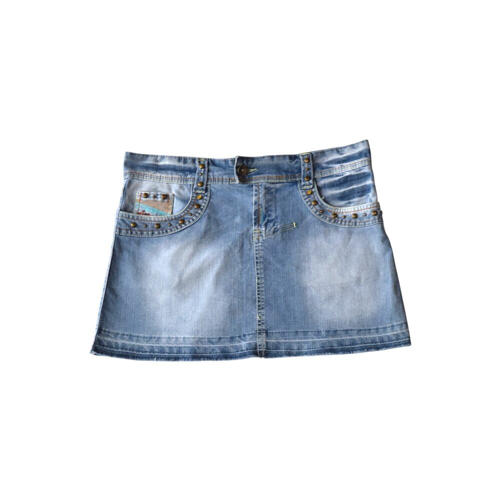Y2K Studded Denim Mini Skirt Light Wash Juniors 7/8